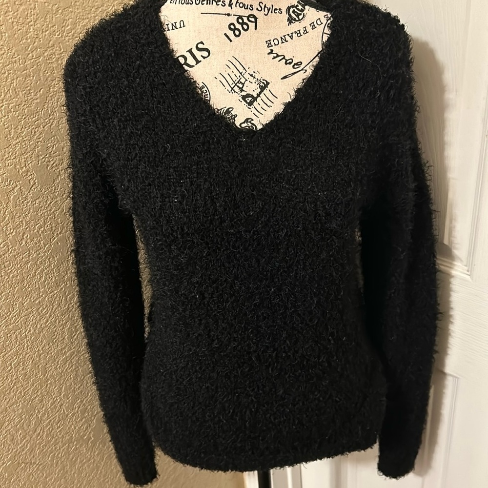SO vneck black fuzzy pullover oversized sweater